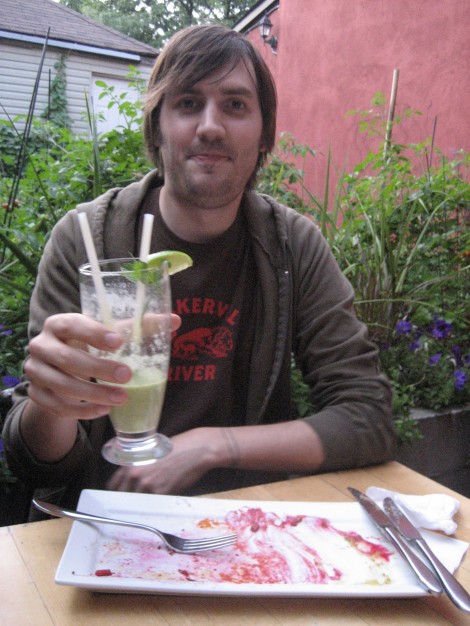 Mark enjoying an avocado mint smoothie at the Calico Cafe